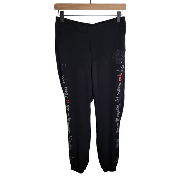 Desigual Womens M Slim Fit Jogger‎ Trousers Pia Logo Embroidered Black Pull On - Picture 3 of 11